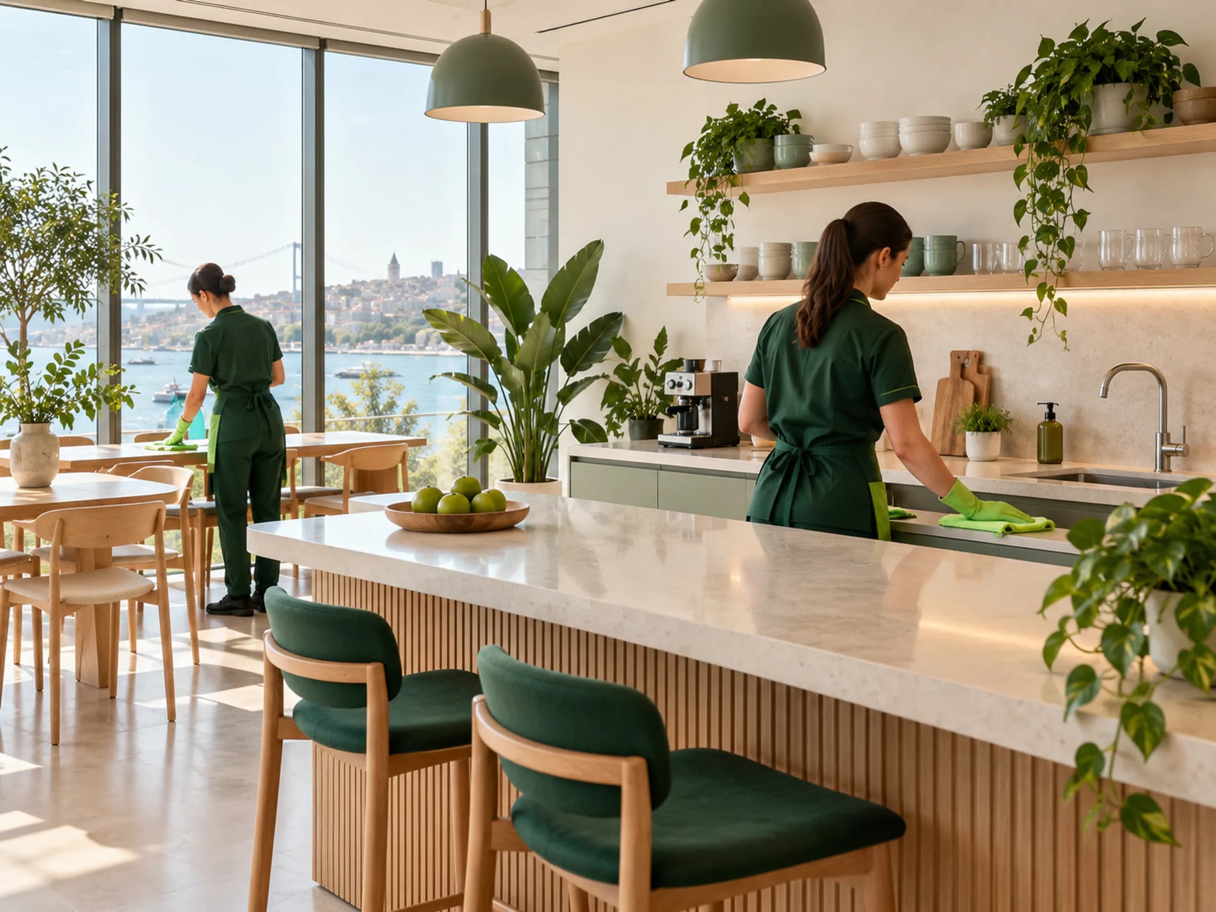 Tezgâhı temizlenmiş düzenli ofis mutfağı