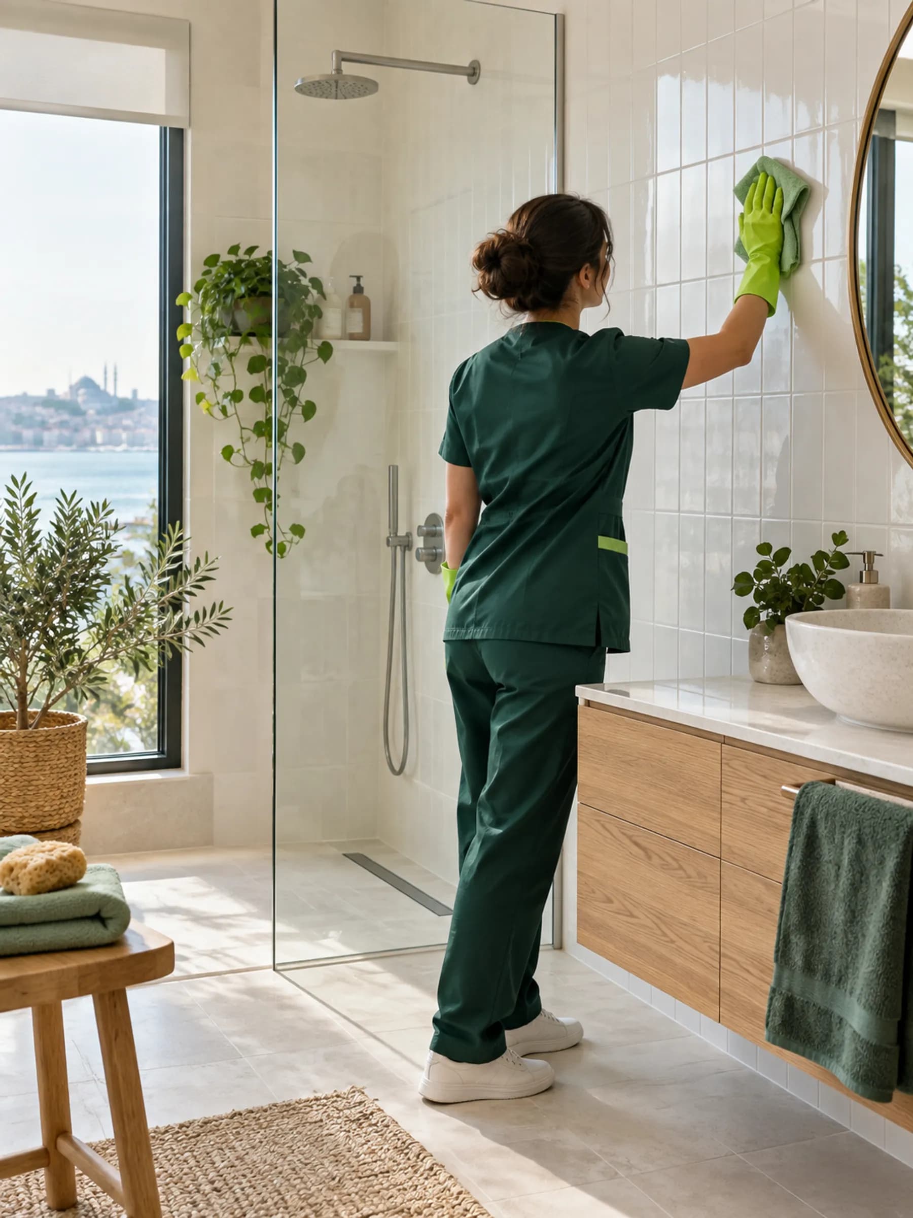 Tadilat sonrası banyo fayanslarını silen görevli